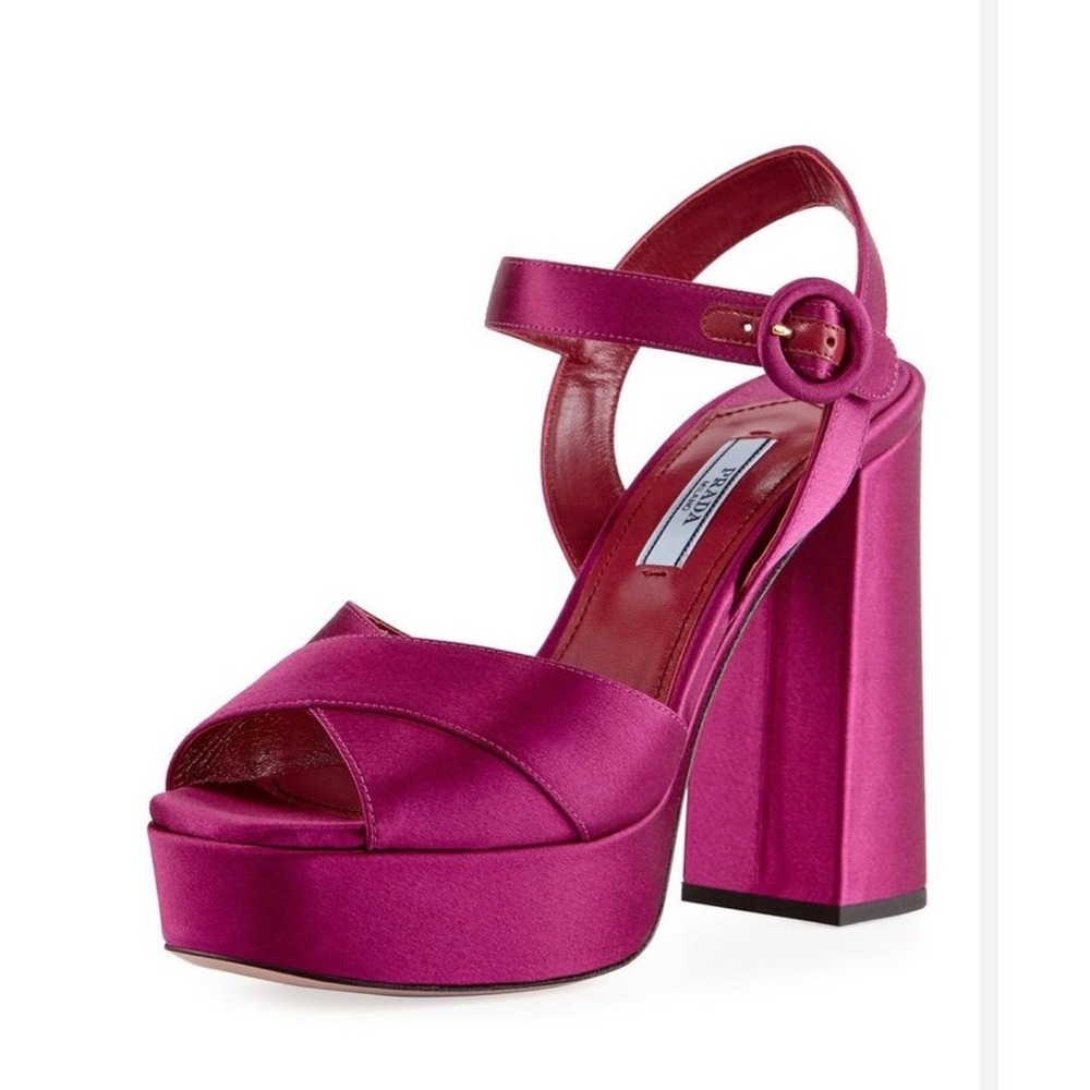 Prada Fuchsia Satin Platform Sandals Block Heel Ankle Strap Made in Italy 36.5